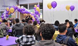 Mountain View High Assistant Principals Allende Palma-Saracho addresses seniors as they celebrate their college choices on Ap 